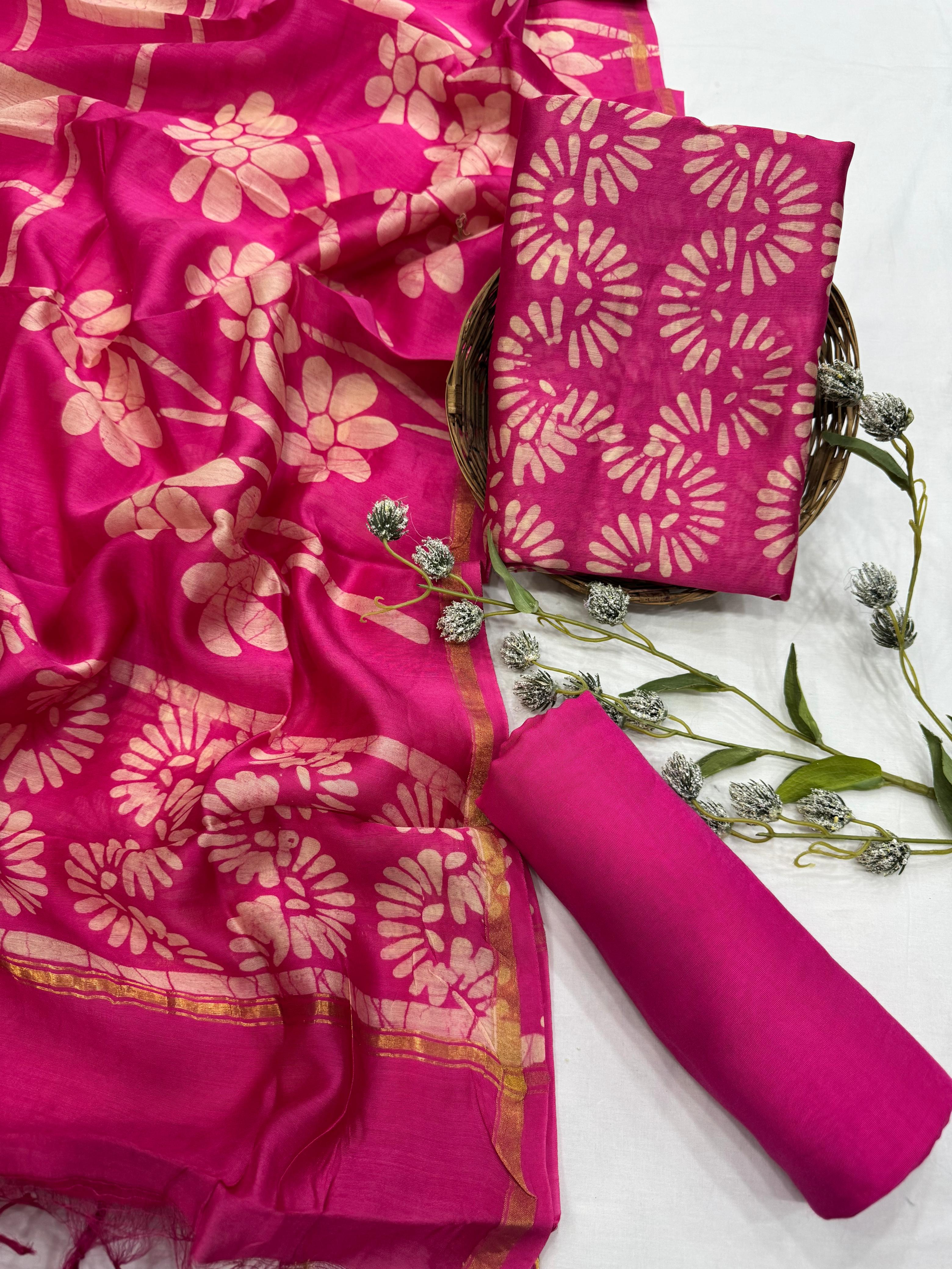 Wholesale Chanderi Silk Handblock Printed Dress Material – Pink Floral Design, Artisan-Crafted in Rajasthan for Designers, Boutiques, and Bulk Orders